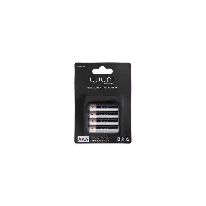 Pack of four Uyuni Lighting AAA 1.5V alkaline batteries in black packaging.