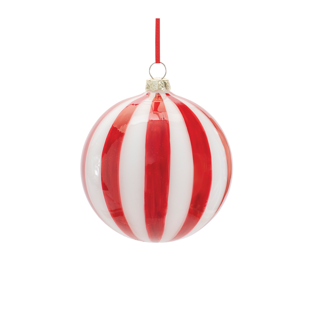 Round glass Christmas ornament with vertical red and white stripes and a red hanging ribbon.