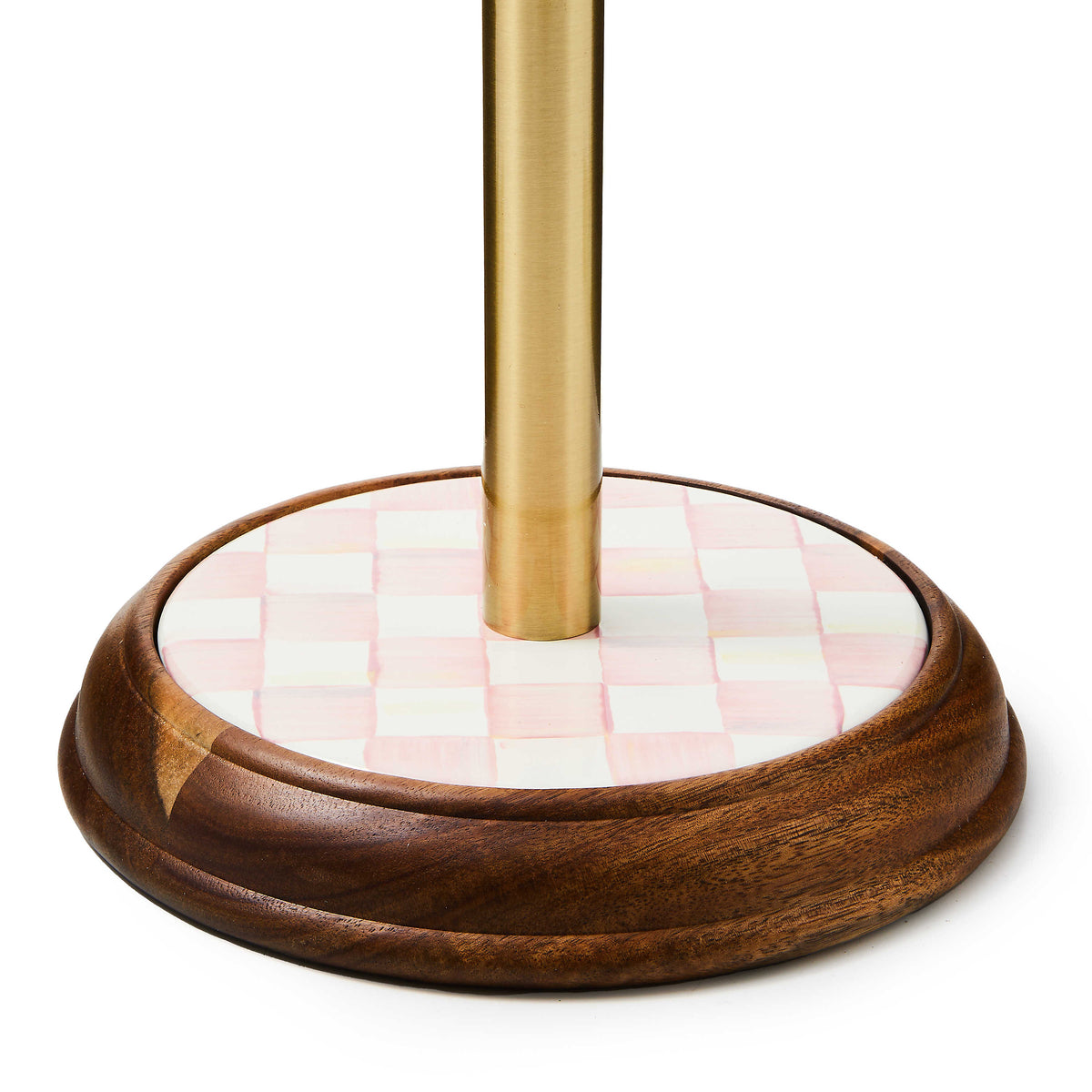 Hand-painted Rosy Check plate on an acacia wood paper towel holder with a stainless steel post.