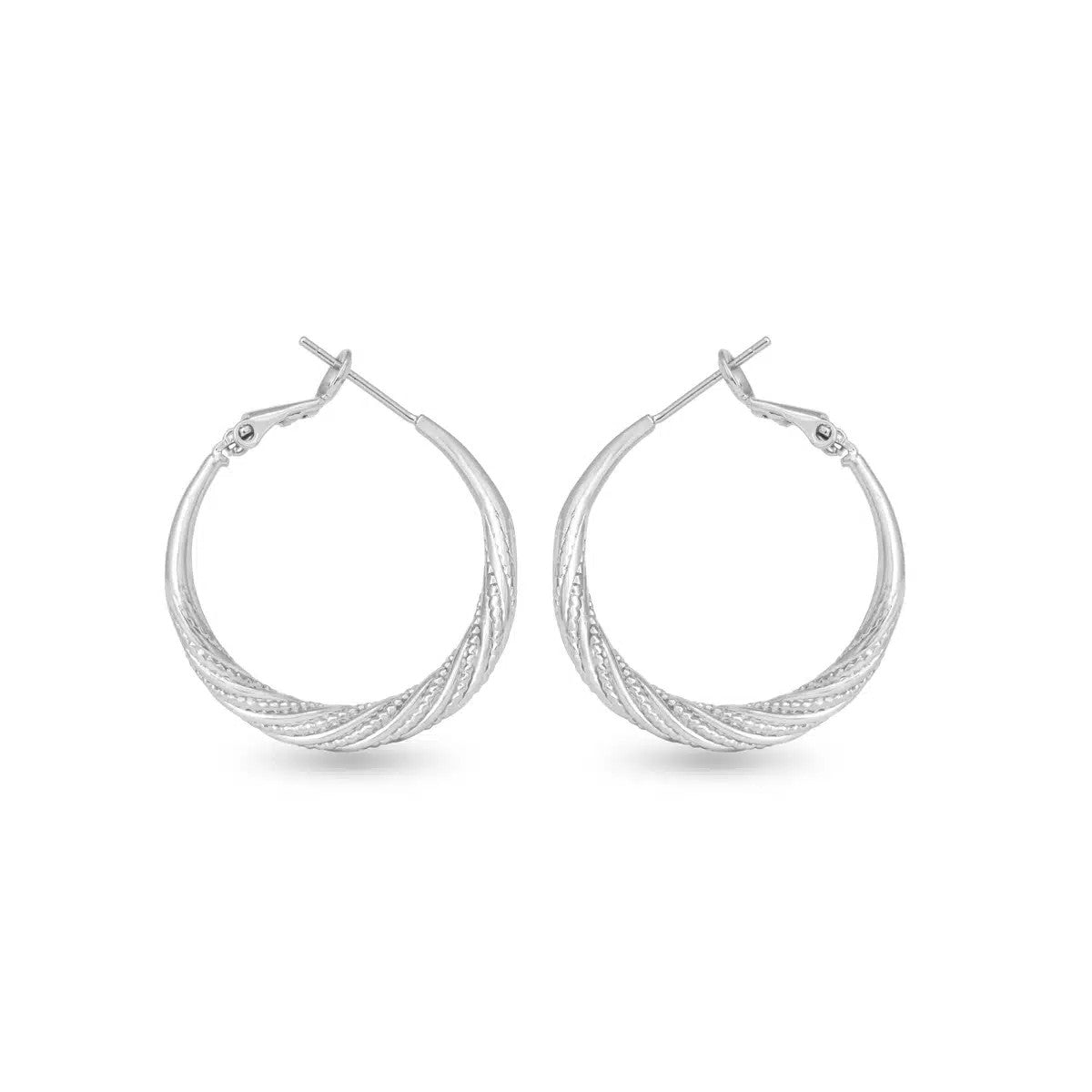 A pair of silver Ivy textured twisted hoop earrings with a latch back closure.