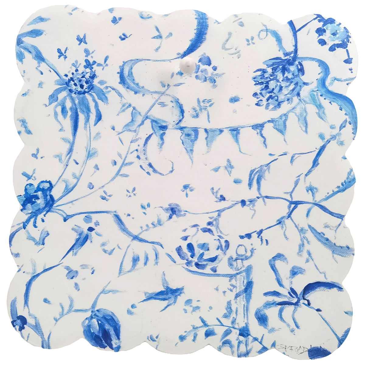 Blue scallop-shaped display board with Chinoiserie patterns on a white background.