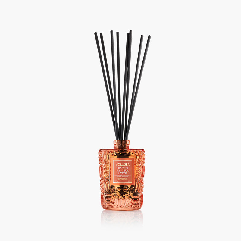 Spiced Pumpkin Latte 200ml Reed Diffuser in an orange textured glass bottle with black reeds.