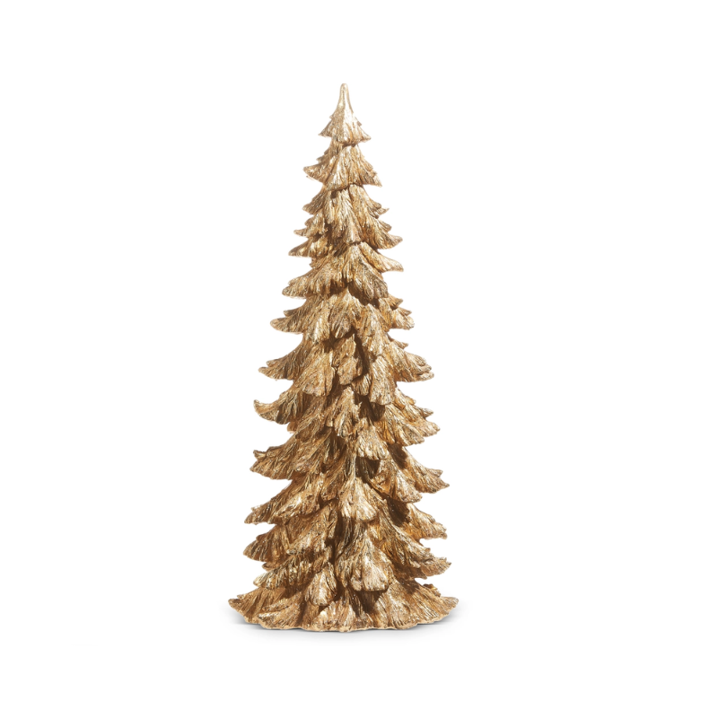 A textured gold resin Christmas tree figurine with a tiered, needle-like design.