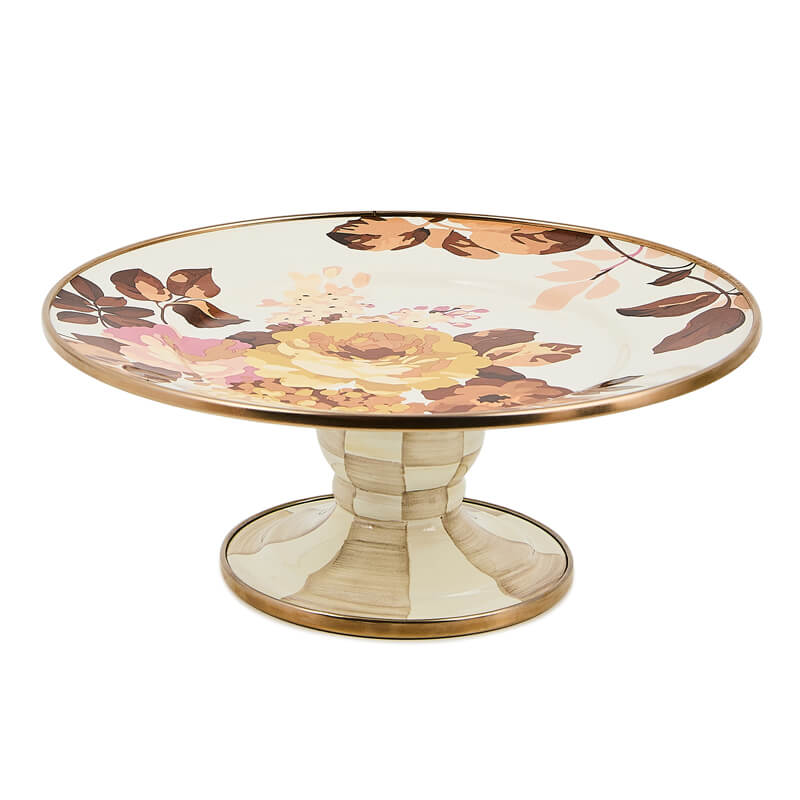 Wild Rose White Mini Pedestal Platter with floral design and checkered base.