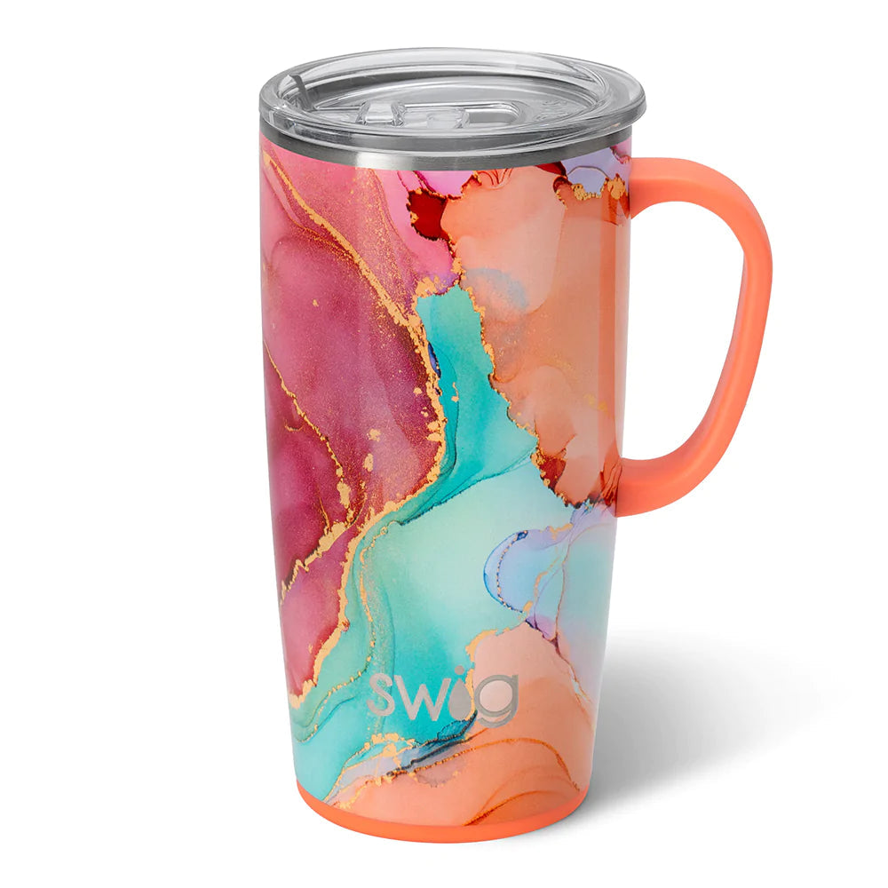 Silver stainless steel travel mug with a slim metal handle and large BPA-free lid.
