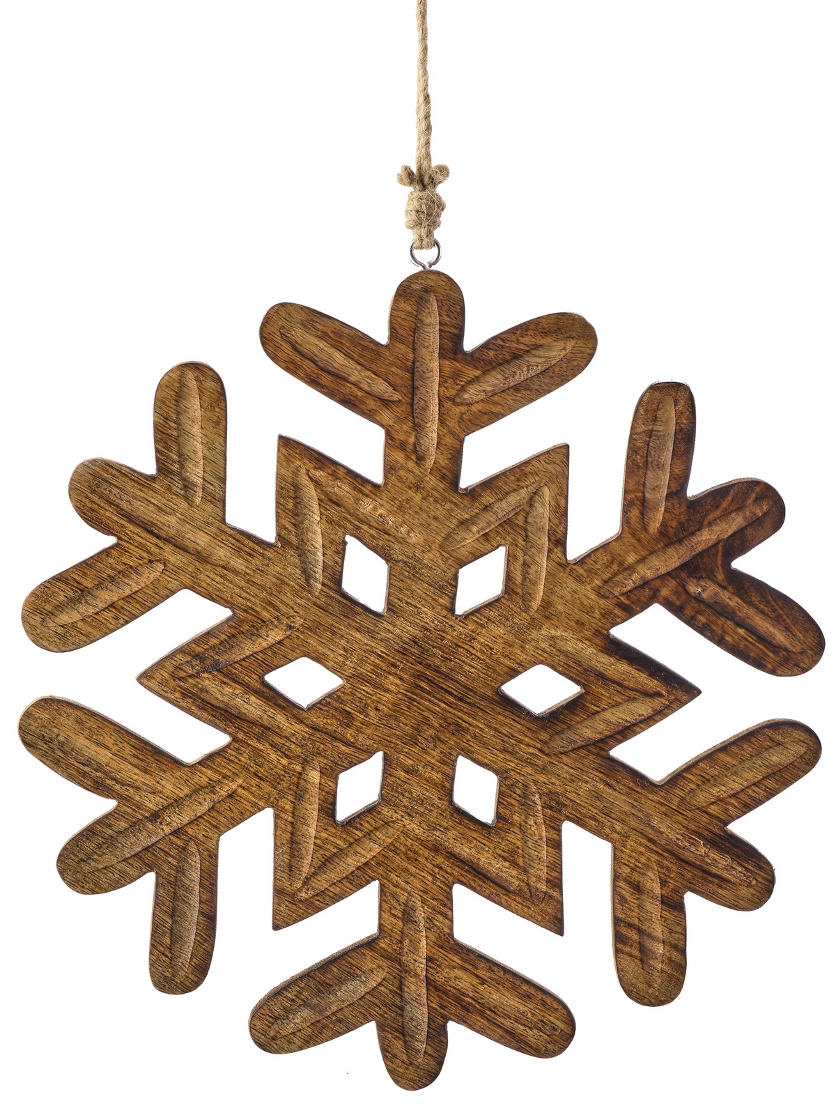 12-inch carved mango wood snowflake ornament with a natural grain finish and jute hanging string.