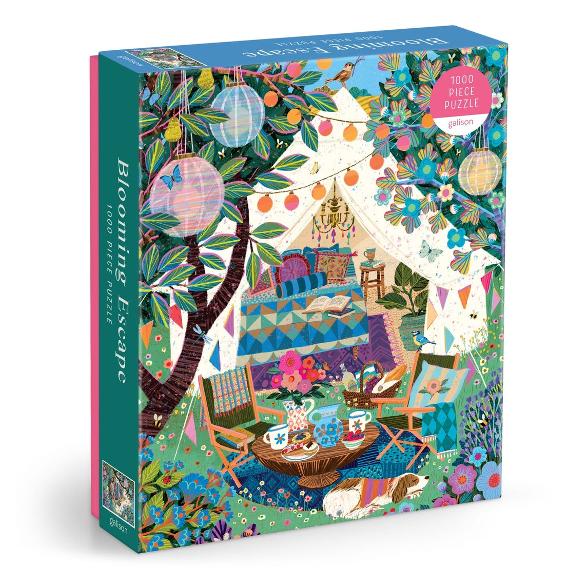 Victoria Ball Blooming Escape puzzle box showing a whimsical outdoor scene with a canvas tent, lanterns, and lush blooms.