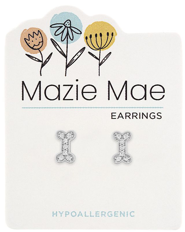 Silver CZ dog bone stud earrings on a Mazie Mae hypoallergenic card with floral illustrations.
