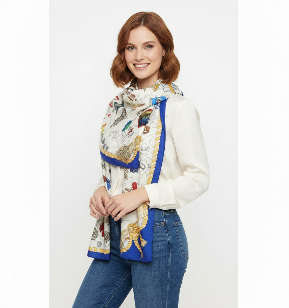 Square silk scarf featuring Oklahoma state outline in blue on cream background