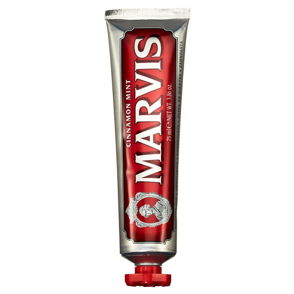 Marvis Cinnamon Mint Toothpaste in a 75ml silver and red tube with a red cap.