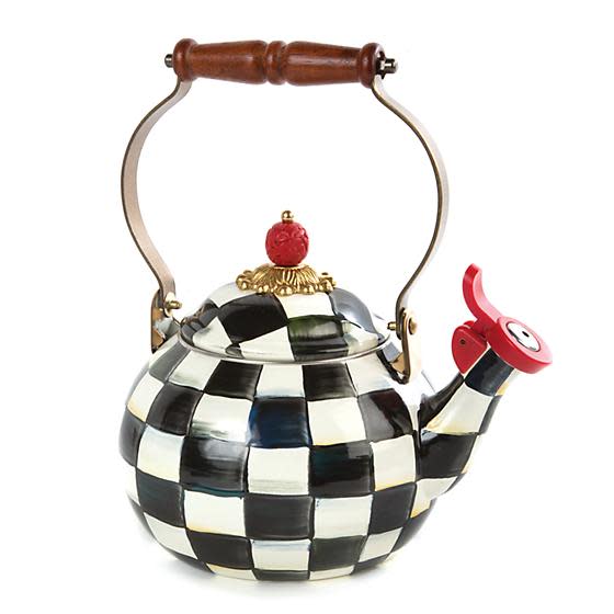Courtly Check Enamel Whistling Tea Kettle with black and white checks and a red bird whistle.