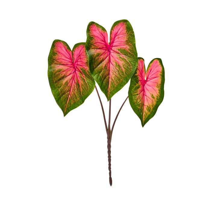 Three artificial caladium plants with green leaves on black plastic stems supported by iron wire.