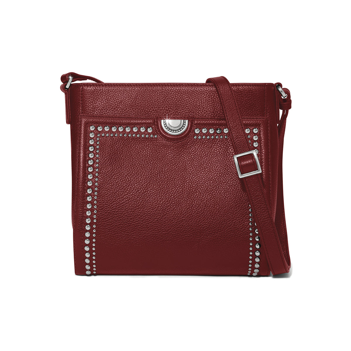 Garnet leather Clayton organizer bag with adjustable strap, ziptop closure, and multiple interior pockets.