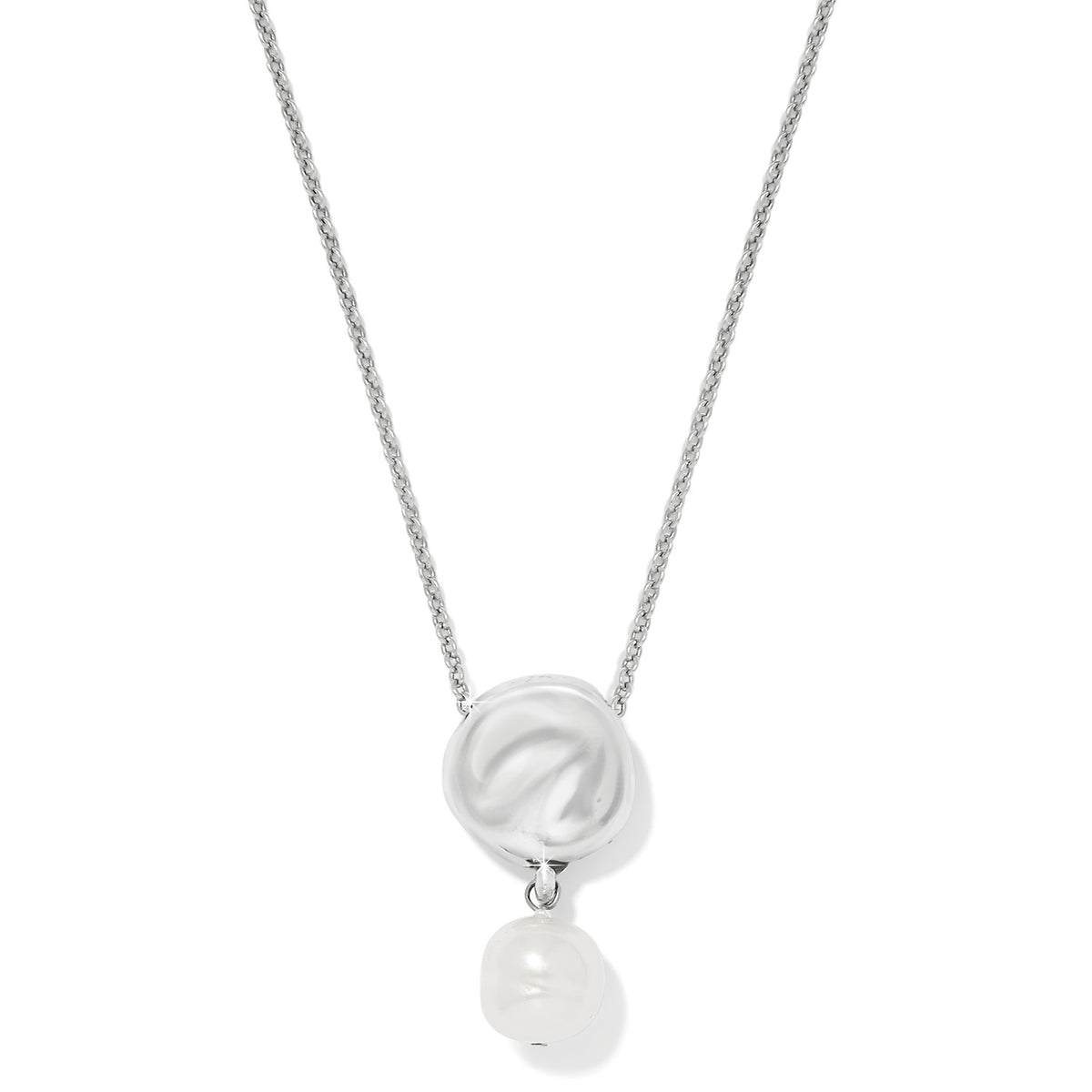 Cascade Round Pearl Necklace with a silver textured disc and a white baroque glass pearl drop.