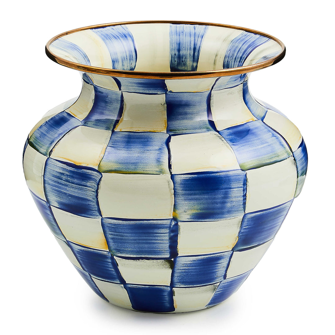 Large enamel vase with hand-painted blue and white Royal Checks and a bronzed stainless steel rim.