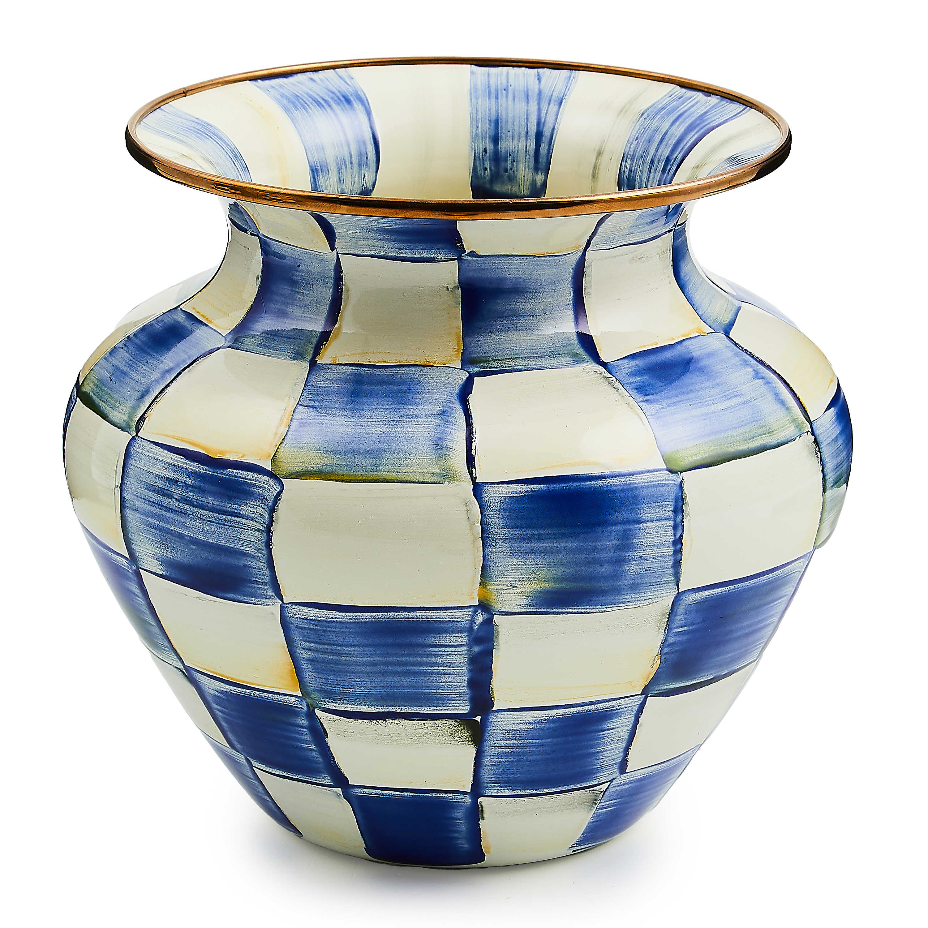 Large enamel vase with hand-painted blue and white Royal Checks and a bronzed stainless steel rim.