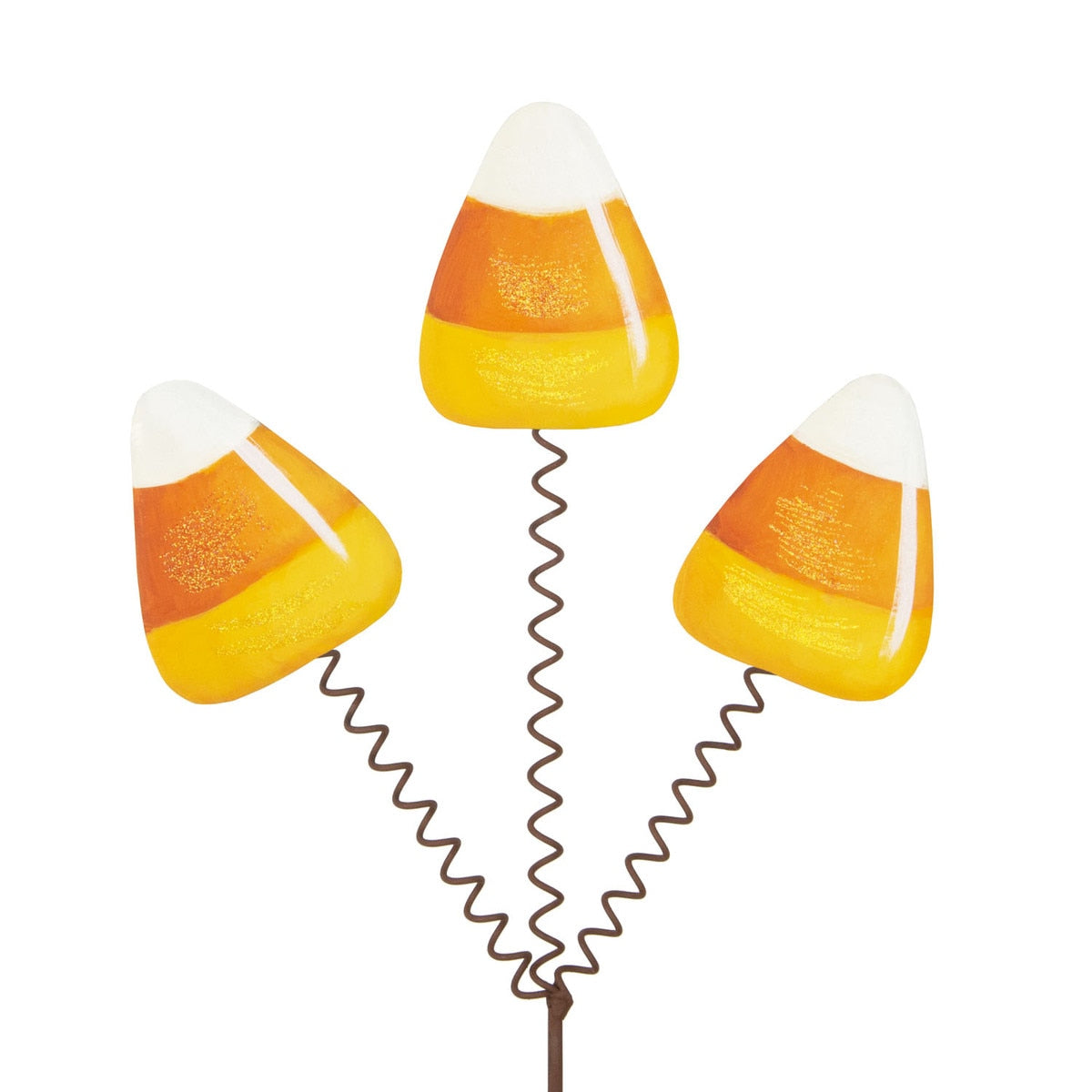 Decorative garden stake featuring a trio of candy corn on wavy metal springs.