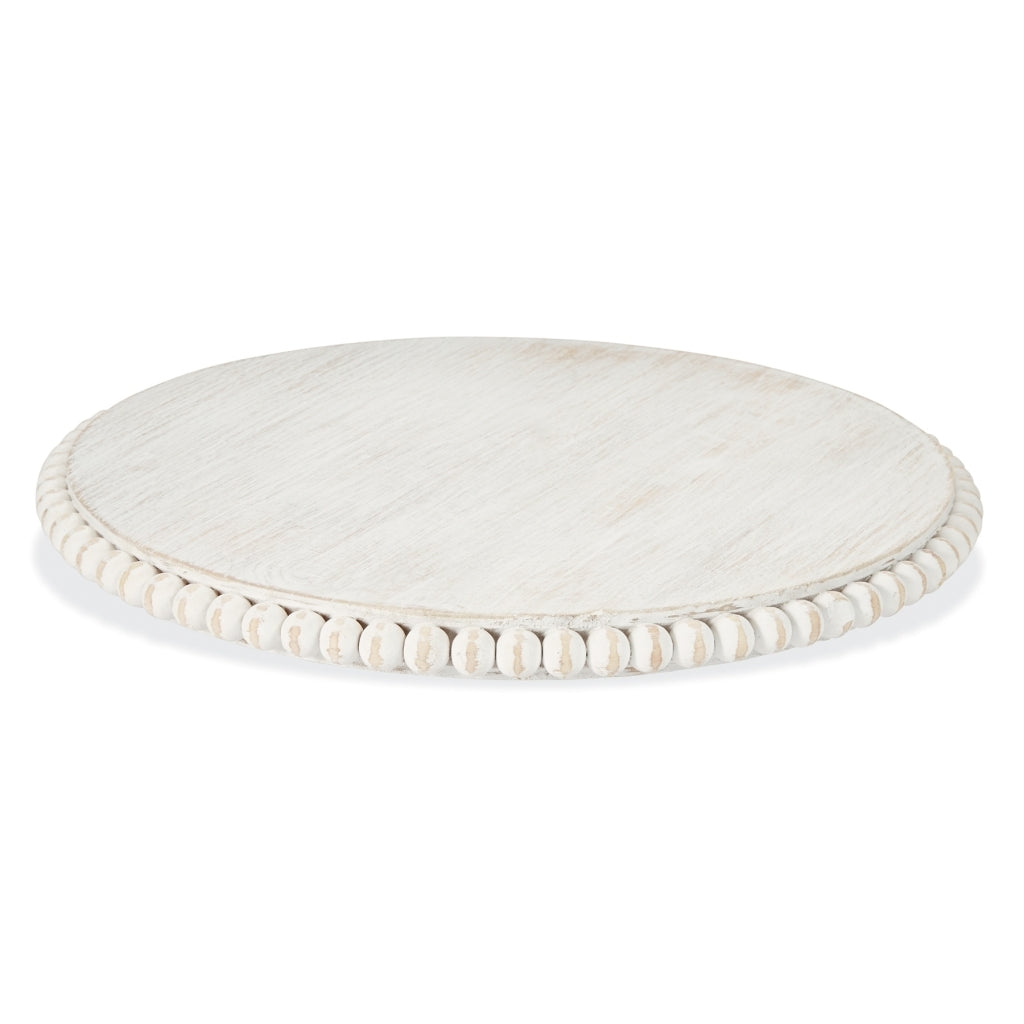 White distressed mango wood Lazy Susan with beaded rim