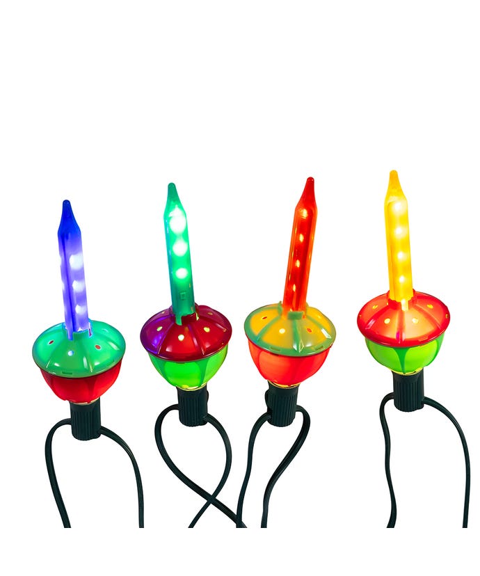 Set of seven multicolor C7 LED bubble lights with bubbly glass bulbs on a wire.
