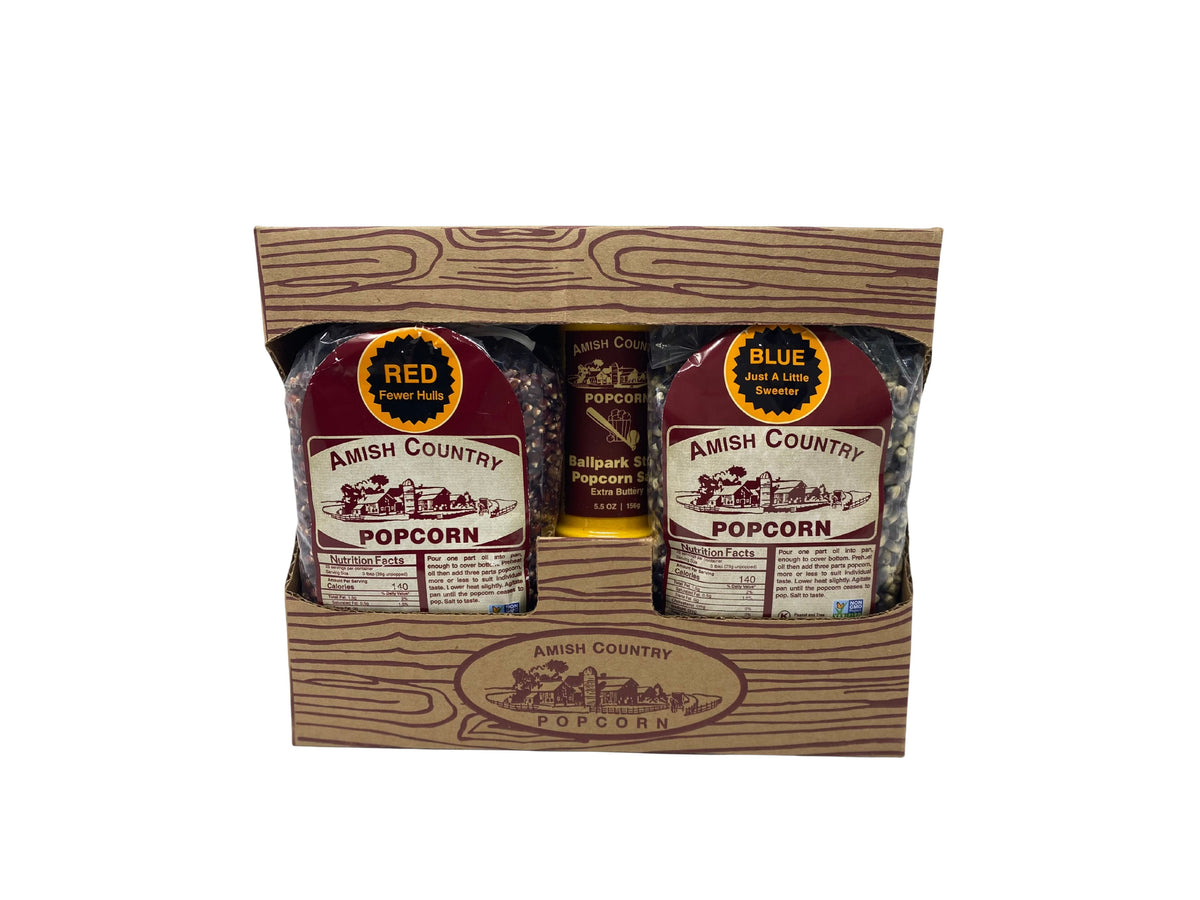 Amish Country Popcorn 2lb Gift Box with Red and Blue kernels and Ballpark-Style Salt.