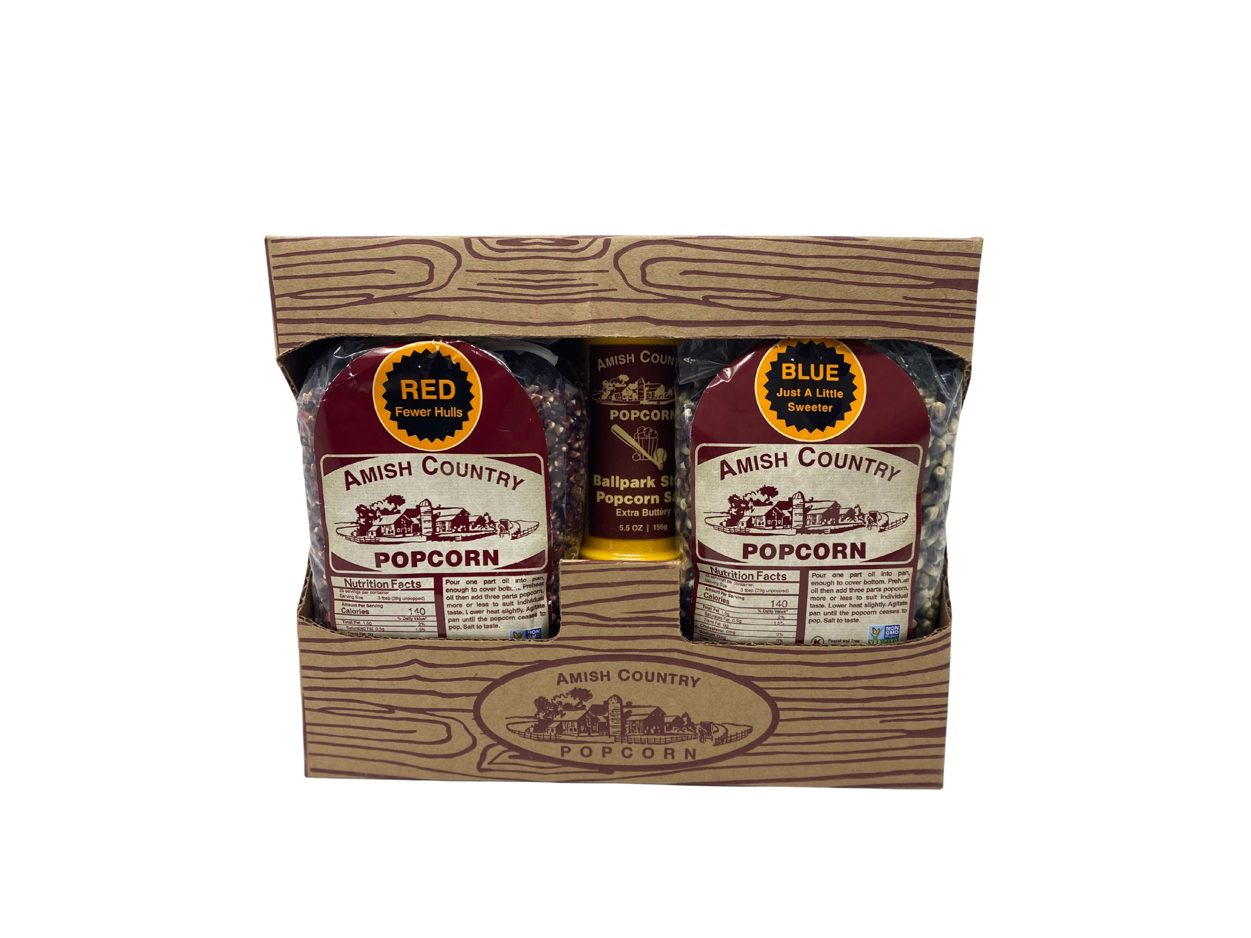 Amish Country Popcorn 2lb Gift Box with Red and Blue kernels and Ballpark-Style Salt.
