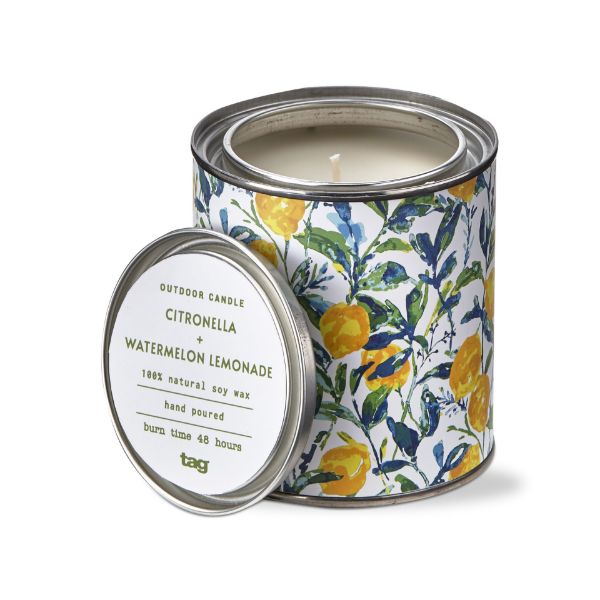 Citronella + Watermelon Lemonade tin candle with a lemon and leaf pattern and 48-hour burn time.