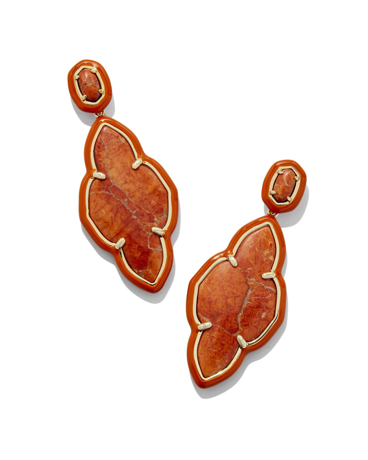 Abbie gold enamel frame statement earrings with hand-painted color-coordinated stone on a post closure.