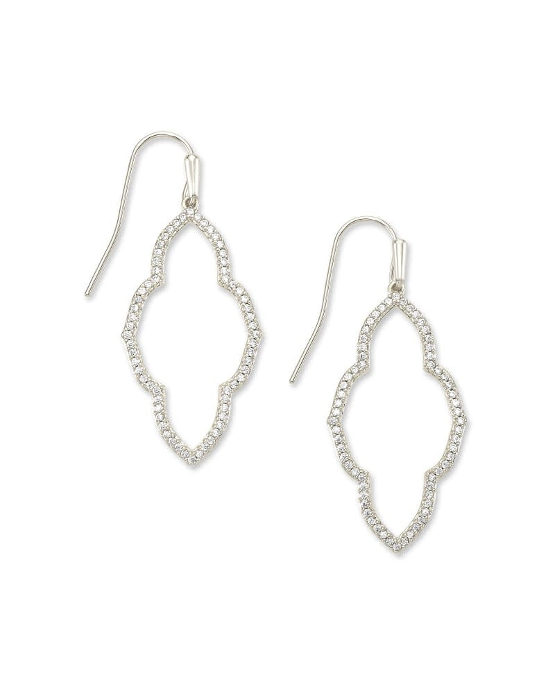 Rhodium metal Abbie small open frame earrings with an elongated medallion silhouette and subtle sparkle.