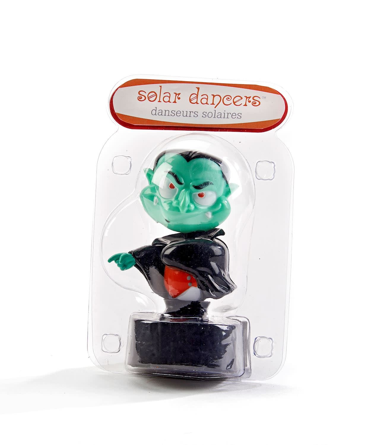 Black vampire figurine with flowing cape standing on a solar-powered base.
