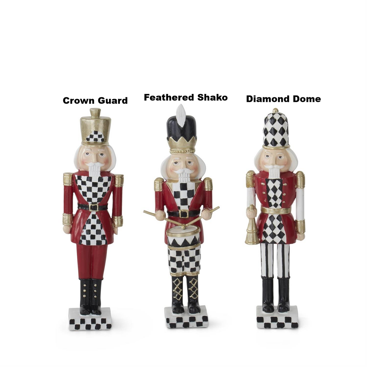 Three 8-inch harlequin resin nutcracker soldiers in red, black, and white with gold accents.