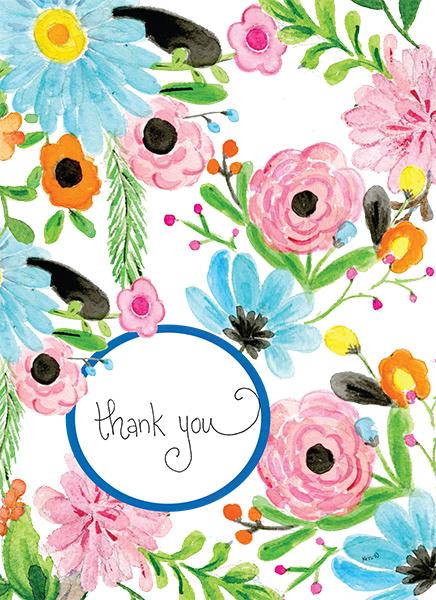 Watercolor floral greeting card with 'thank you' in a blue circle, featuring pink and blue flowers.