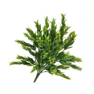 Plastic Ruscus bush with silk green leaves in a 7x7 inch square silhouette.