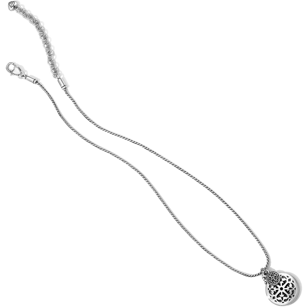 Ferrara Petite Necklace in silver with an adjustable chain and intricate circular cutout pendant.