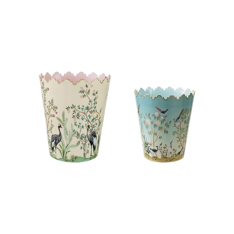 Two metal scalloped buckets with hand-painted nature scenes featuring birds and floral branches.
