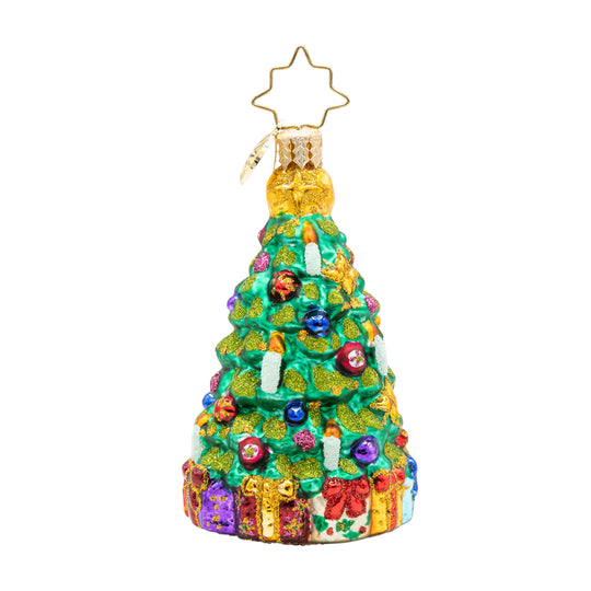 Twinkling Tree Gem glass Christmas tree ornament with colorful baubles and gifts at the base.