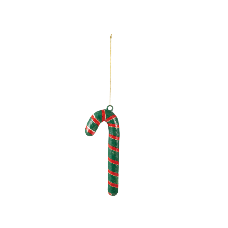 Green and red striped metal and paper mache candy cane ornament hanging from a gold string.