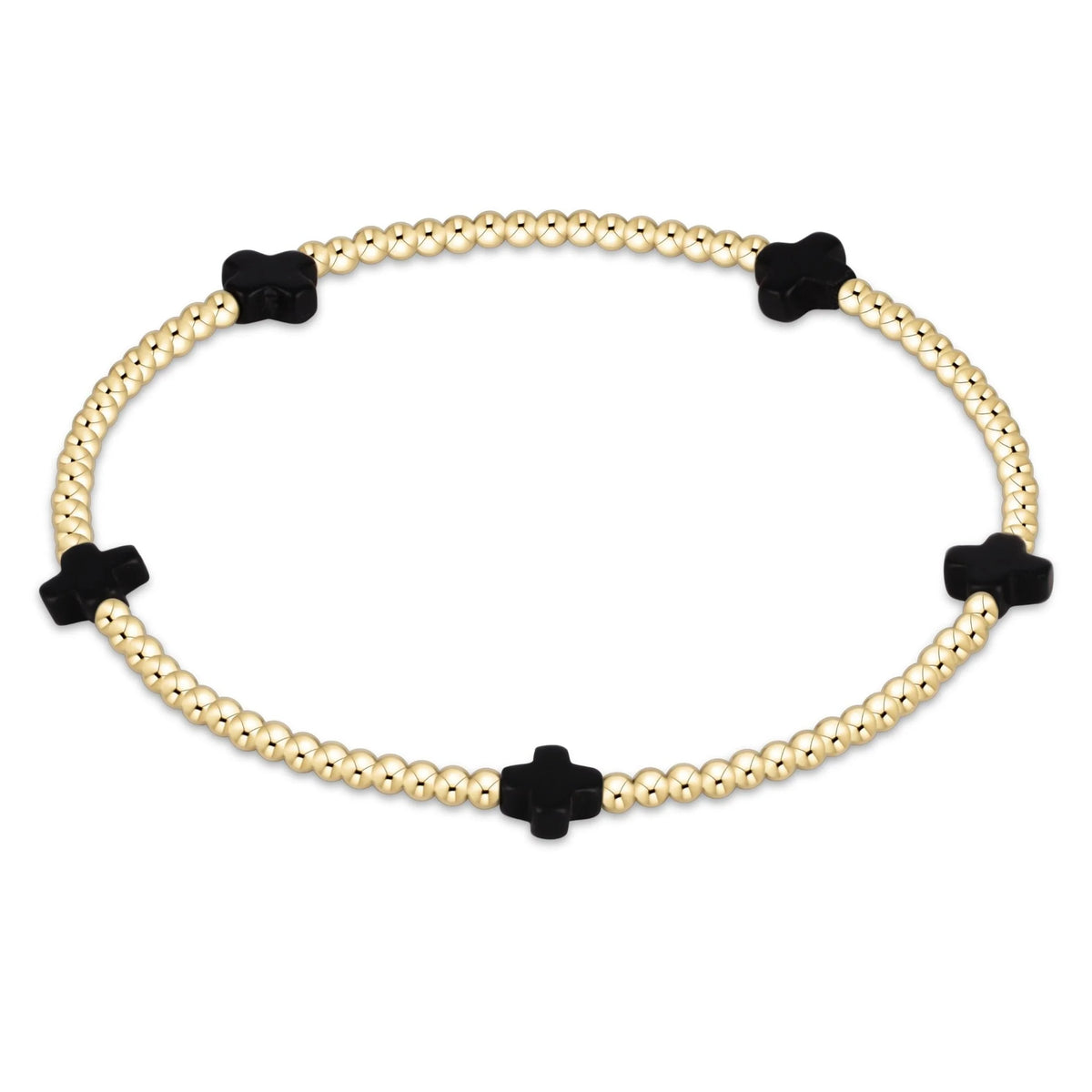 Signature Cross Small 2mm gold-filled bead bracelet with five black cross accents.