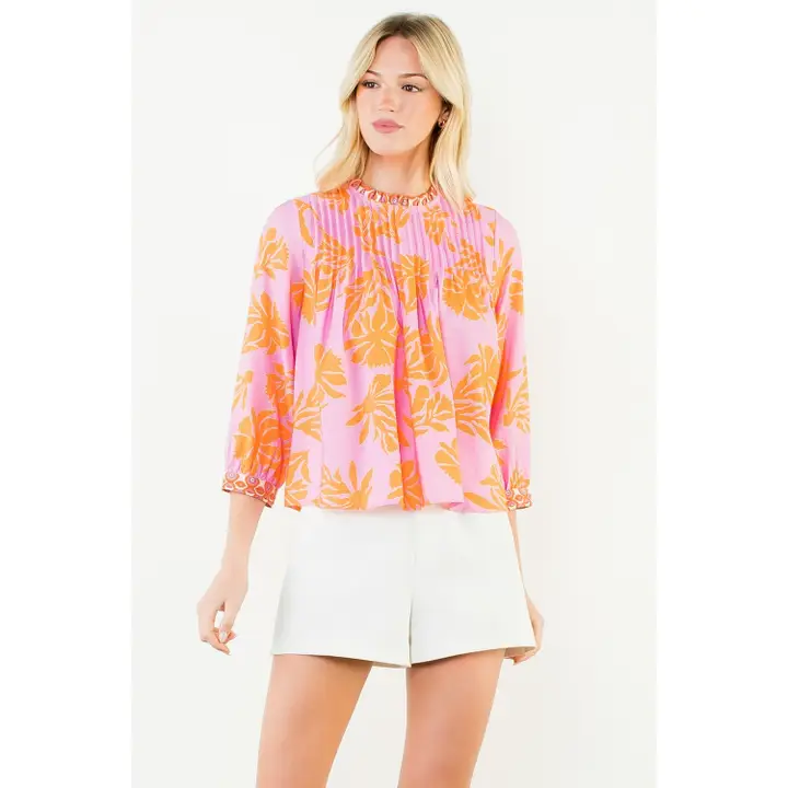 Long Sleeve Floral Pattern Top Pink