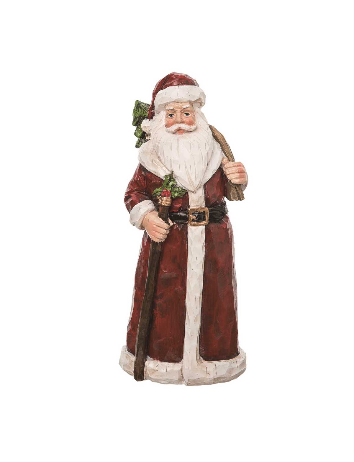 Carved resin Santa figurine in a red robe holding a staff and a sack of gifts.