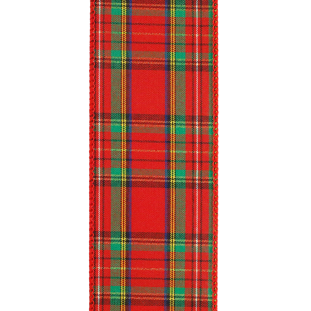Red plaid wired edge ribbon with green, yellow, and blue accents.