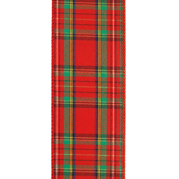 Red plaid wired edge ribbon with green, yellow, and blue accents.