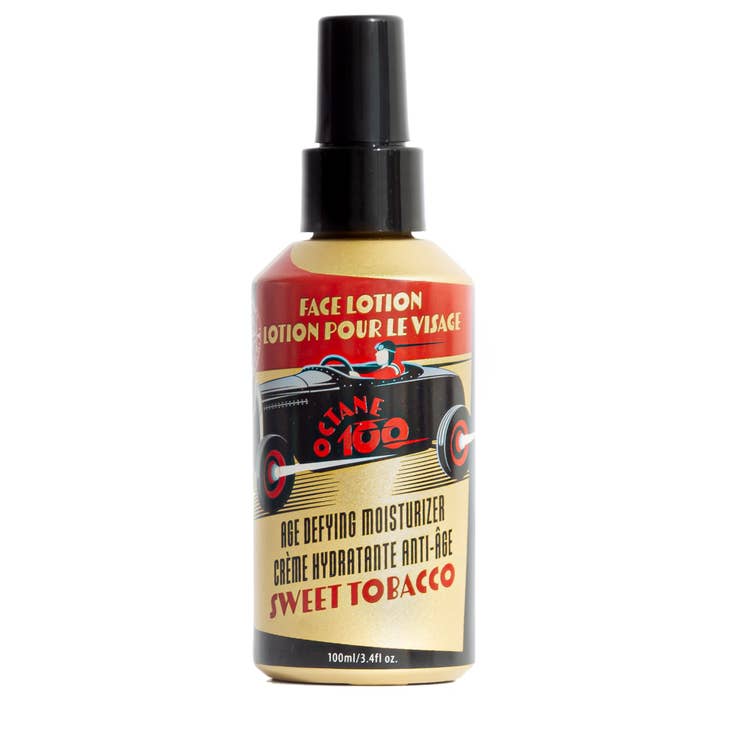 Octane 100 Face Lotion in a 100ml spray bottle with a vintage race car label and Sweet Tobacco scent.