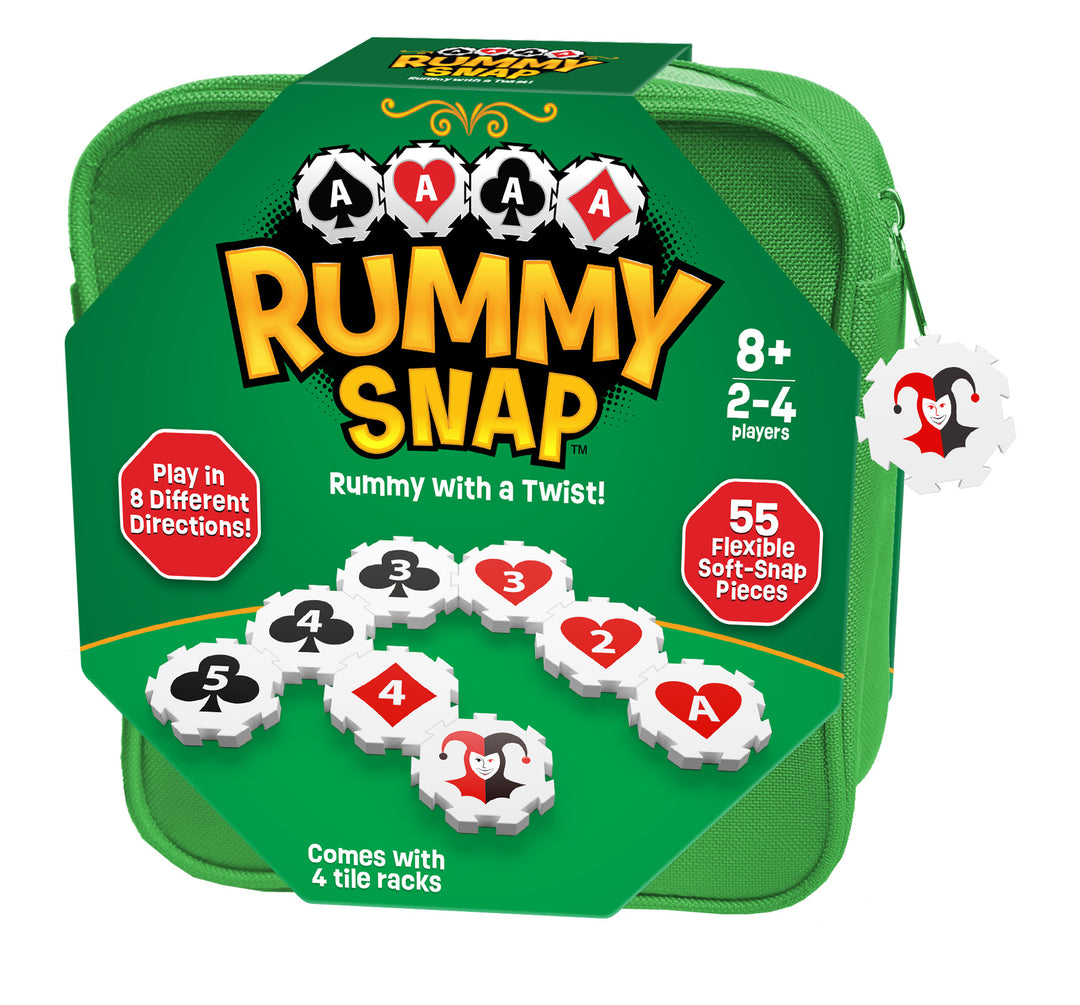 Rummy Snap game featuring octagonal puzzle tiles in canvas zipper pouch with dynamic colorful patterns