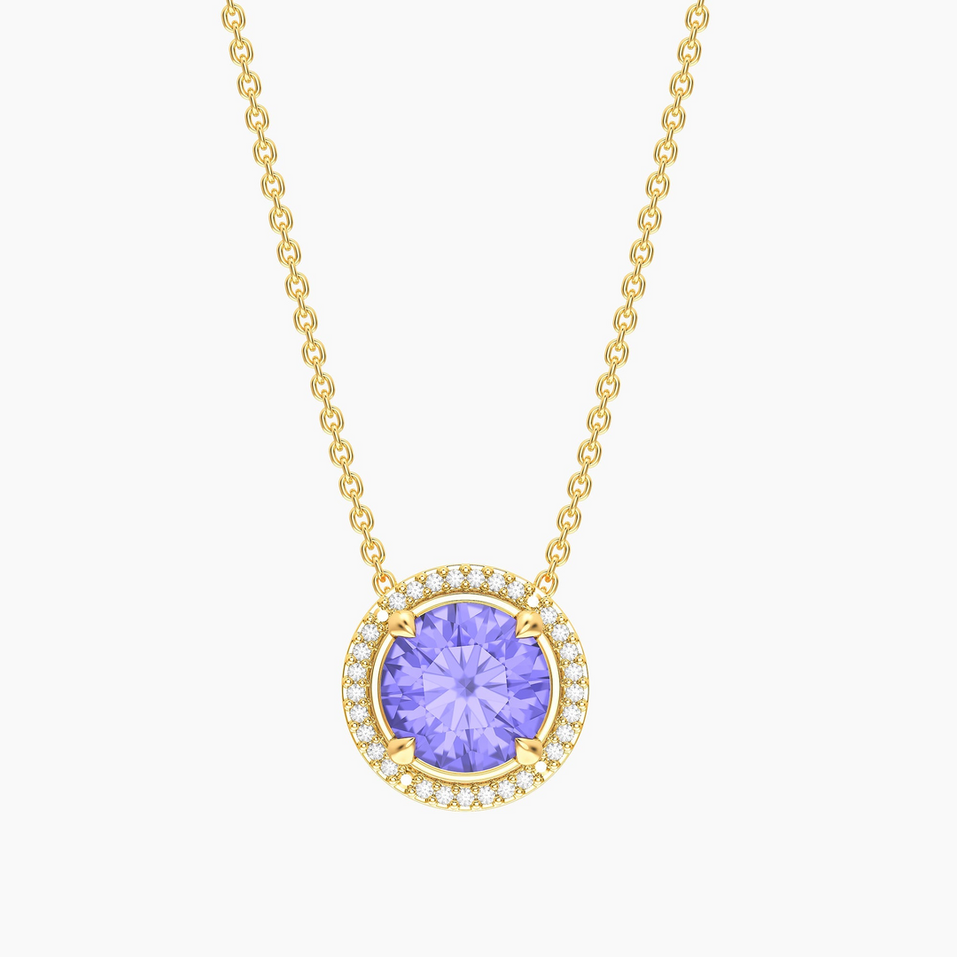Gold plated birthstone pendant necklace with a round purple center stone and diamond halo.