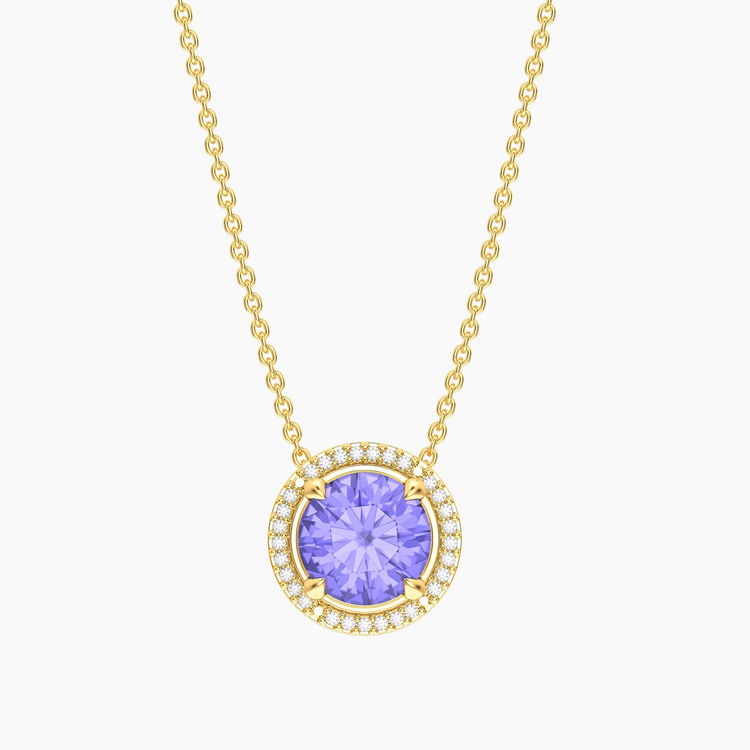 Gold plated birthstone pendant necklace with a round purple center stone and diamond halo.