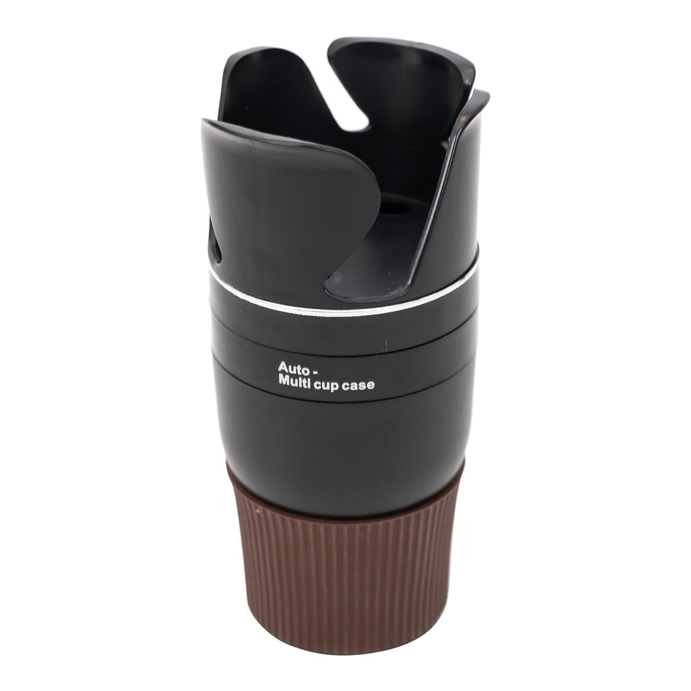 Black rotating car caddy with cup holder base, storage slots for keys and change.