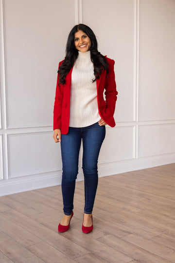 Tailored Caroline Velvet Blazer in dark blue polyester with a classic lapel collar and long sleeves.