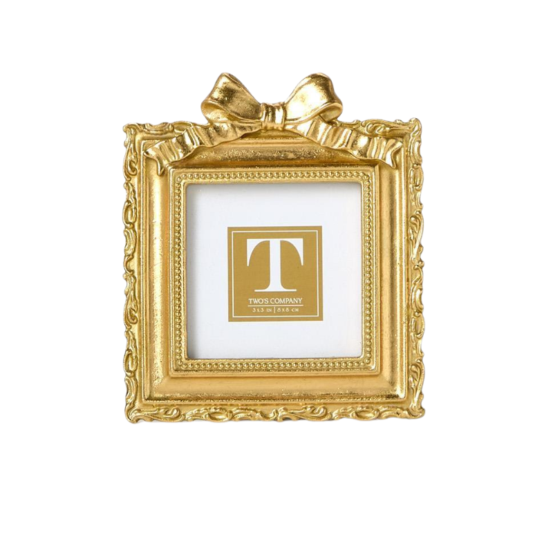 Square gold mini photo frame with an ornate border and a decorative bow on top.
