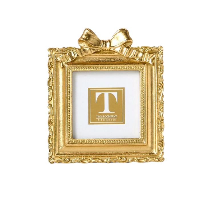 Square gold mini photo frame with an ornate border and a decorative bow on top.