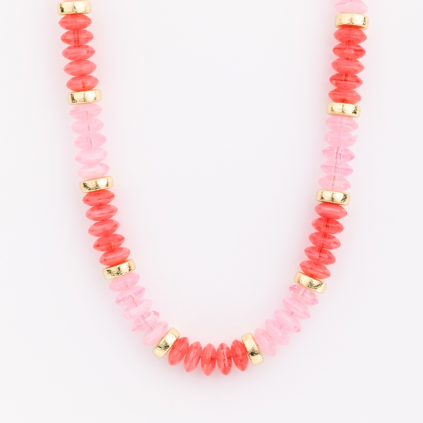 Jules Necklace featuring alternating pink and coral beads with gold-toned spacers.